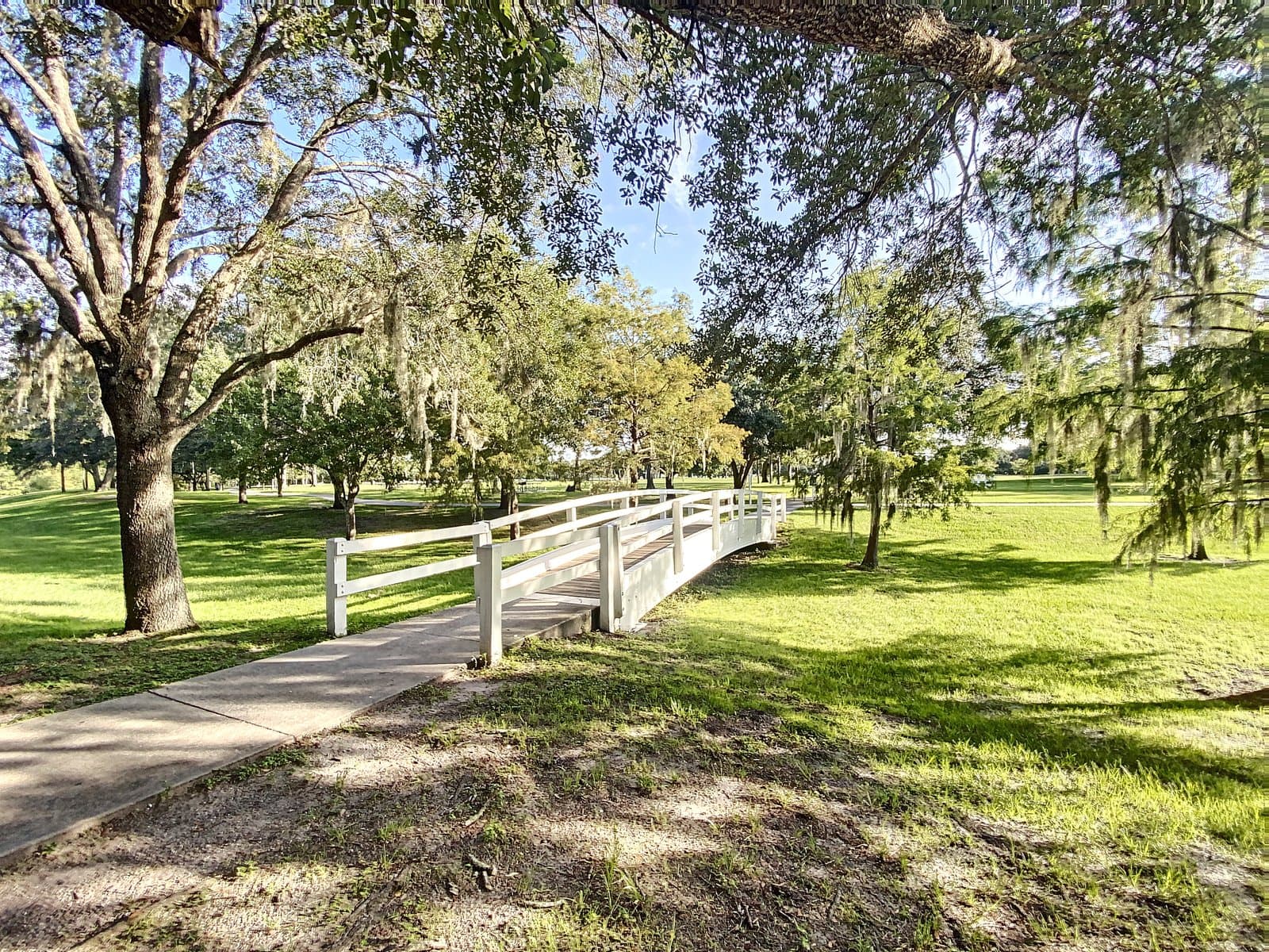 White wooden boardwalk crossing an open meadow at Cypress Grove Park