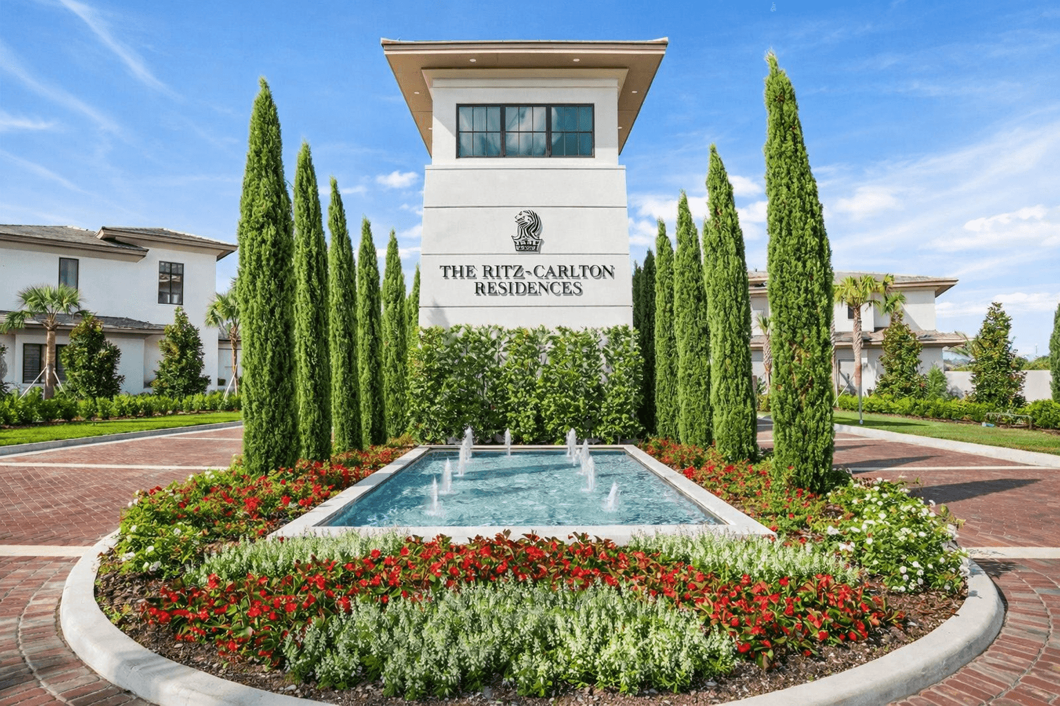 The Ritz-Carlton Residences entrance monument with fountain, Orlando Florida