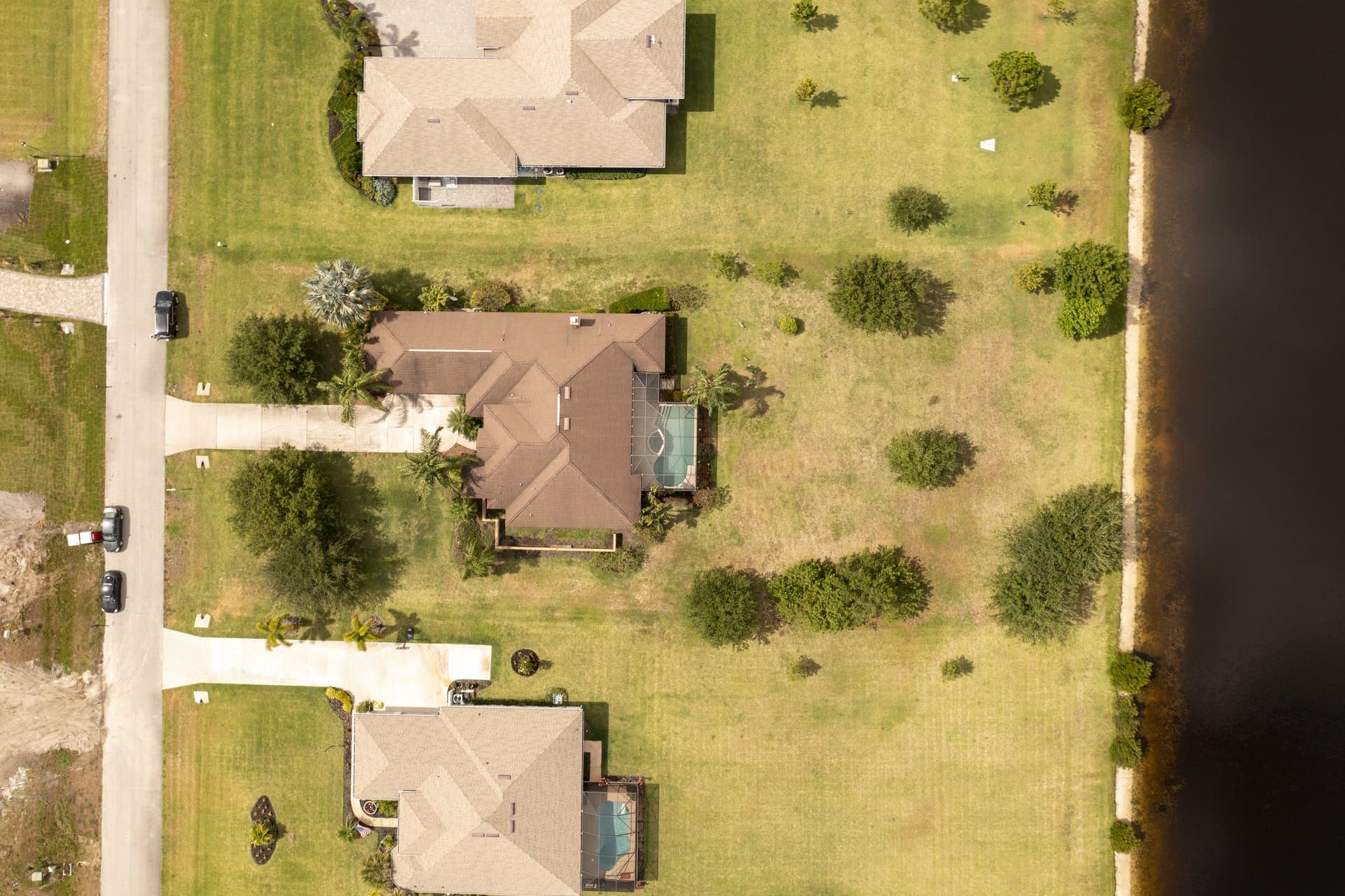 Aerial view of lakefront acreage estates in Grant-Valkaria