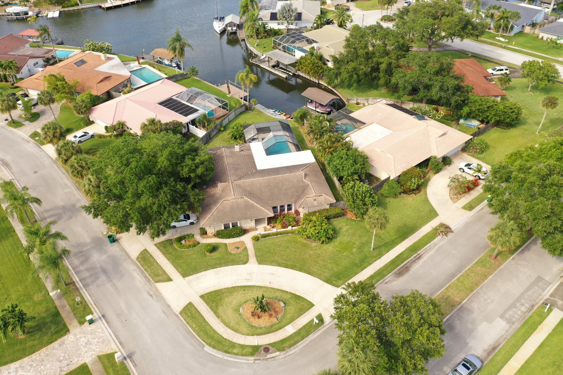 Aerial view of Satellite Beach canal-front residential neighborhood