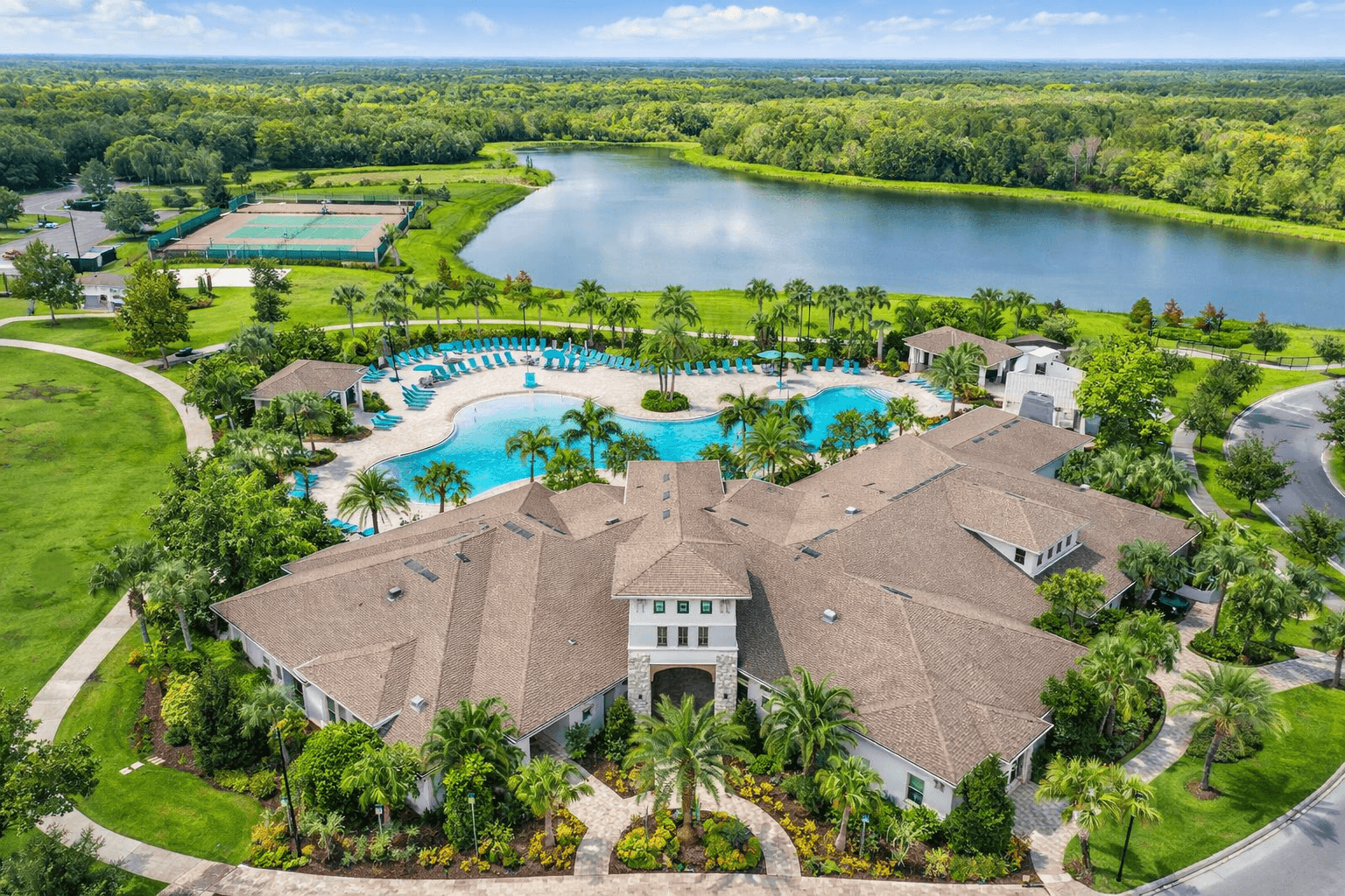 Waterleigh resort-style clubhouse, pool, and lake aerial, Horizon West Orlando