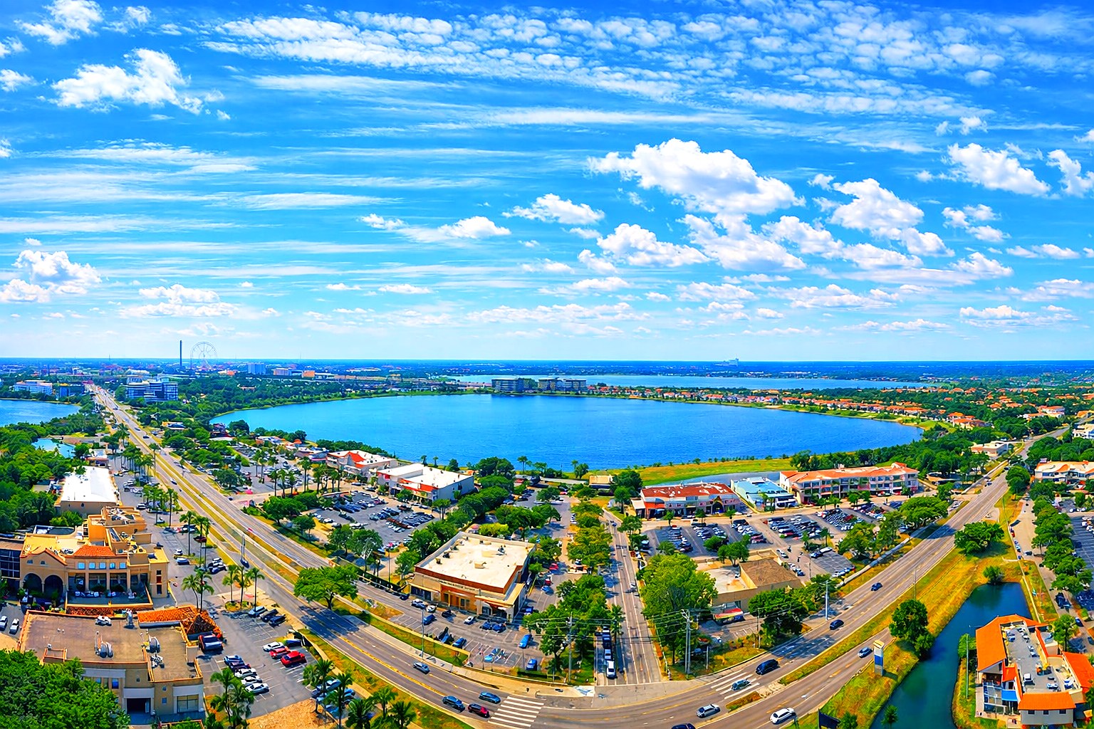 Aerial panorama of Sand Lake corridor and lakefront communities, Dr. Phillips Orlando