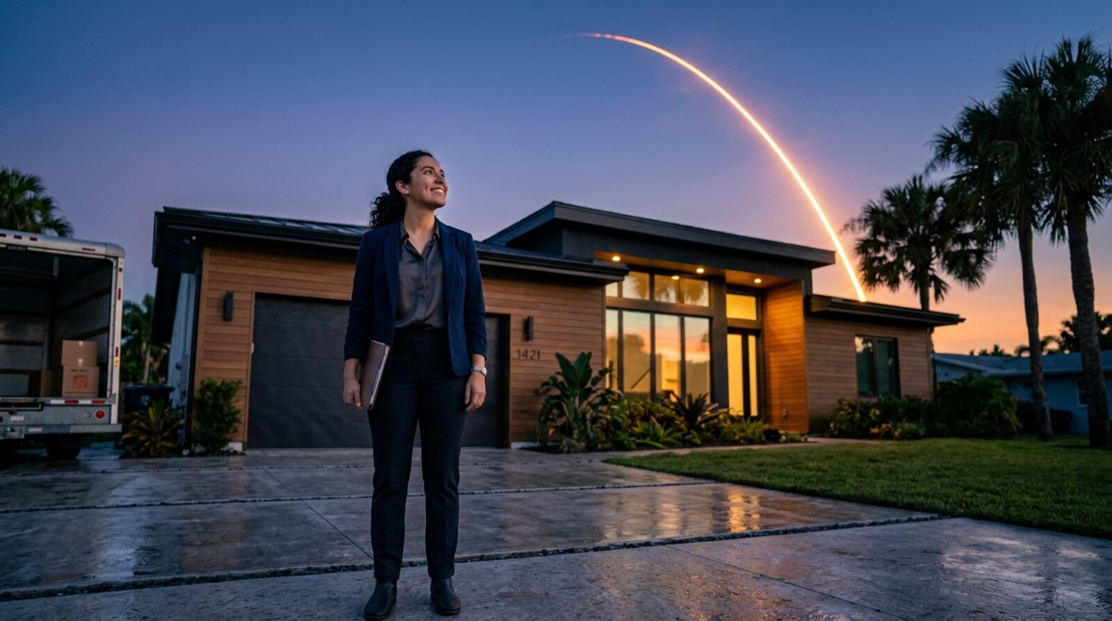 An aerospace worker standing in the driveway of a new Florida home at dusk, watching a rocket launch trail streak across the sky