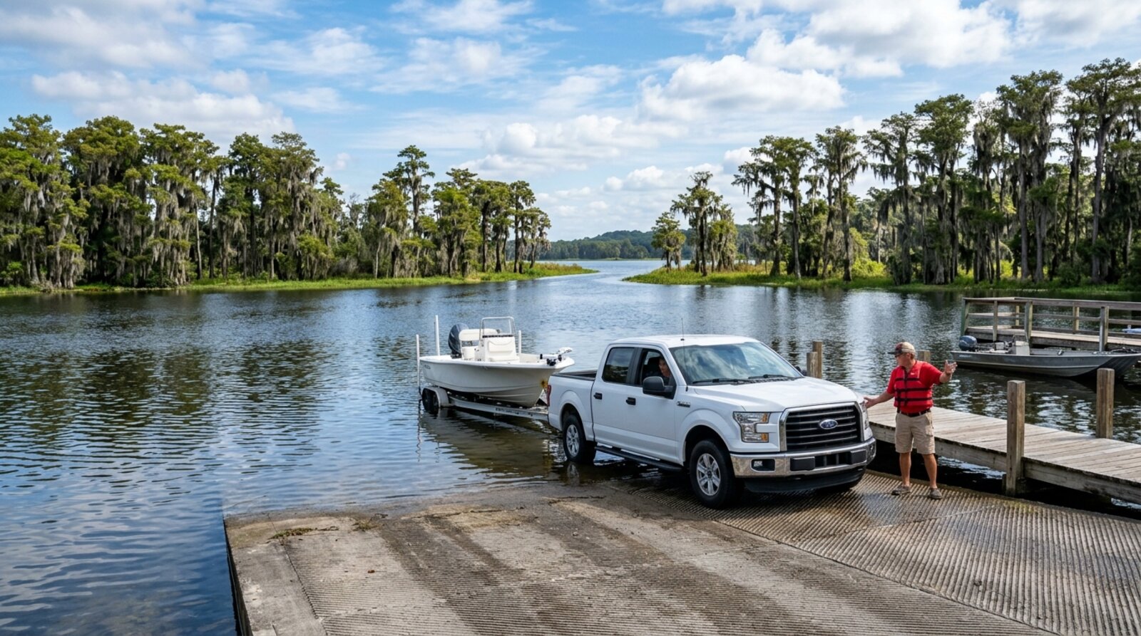 A truck backing a boat trailer down a public boat ramp with a narrow navigable canal to another lake visible in the distance
