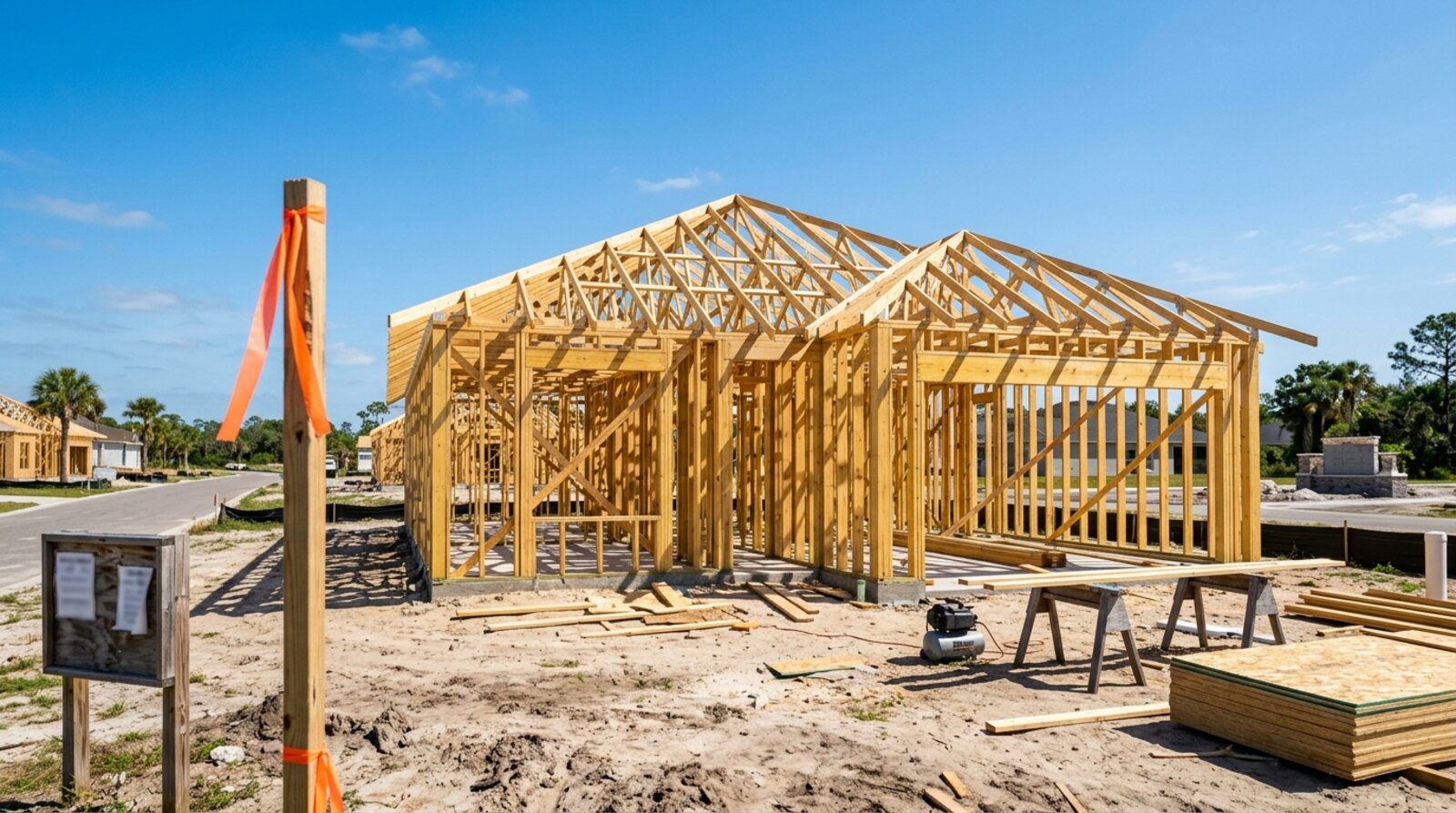 A new-construction Florida home at framing stage with fresh lumber trusses, a survey stake, and a community sign under construction down the street