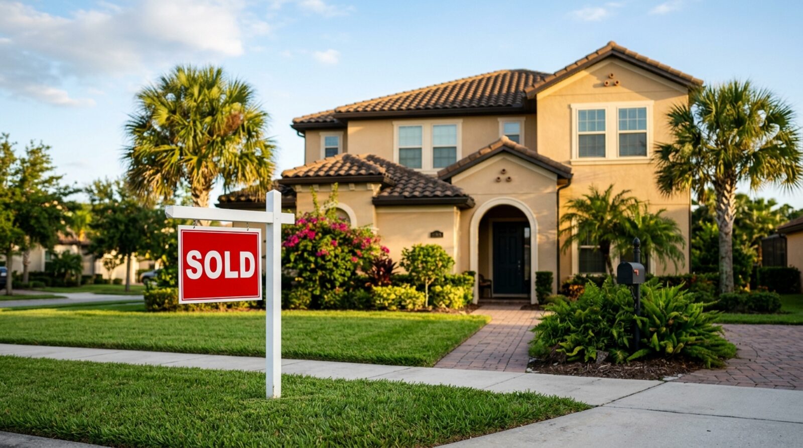 A red-and-white SOLD real estate sign in the front yard of a two-story Central Florida stucco home with a barrel-tile roof and palm trees at golden hour