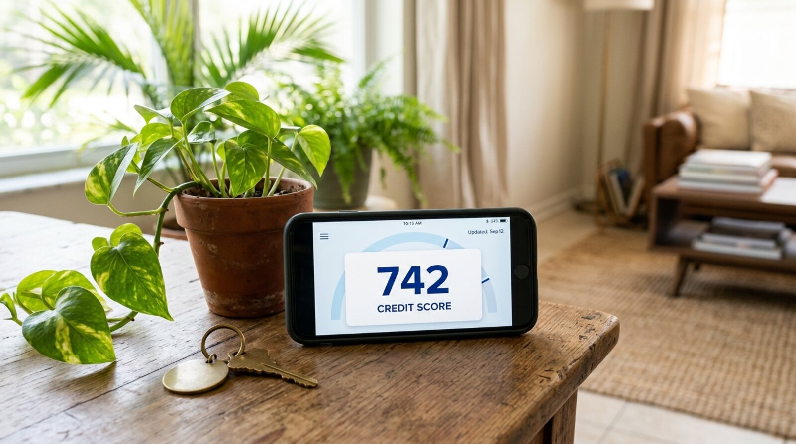 A smartphone on a wooden table displaying a credit score reading 742 next to a house key and a potted plant in a bright Florida living room