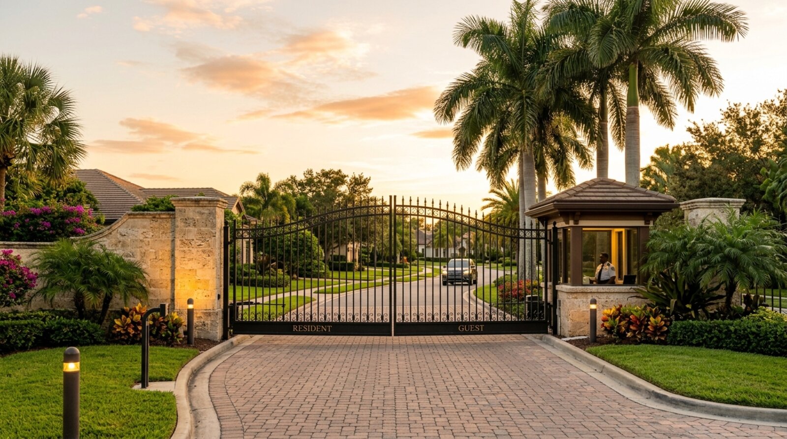 A staffed gated community entrance at golden hour with a stone wall, wrought-iron gates, a gatehouse, and a paver driveway lined with royal palms