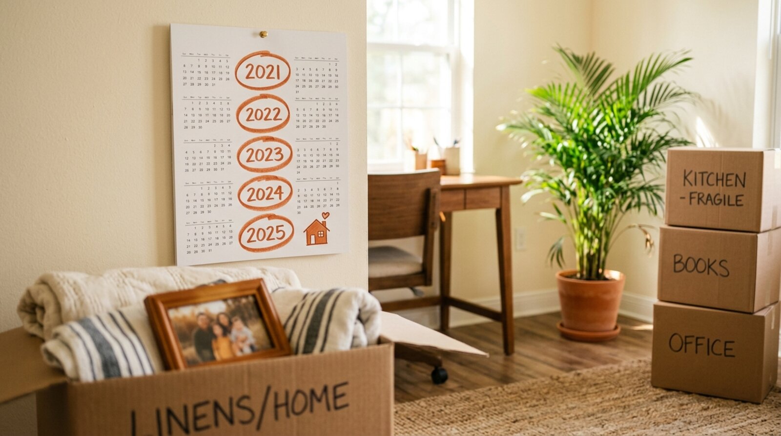 A wall calendar with five consecutive years circled in marker beside a small house icon, next to labeled moving boxes and a box of packed linens with a framed family photo