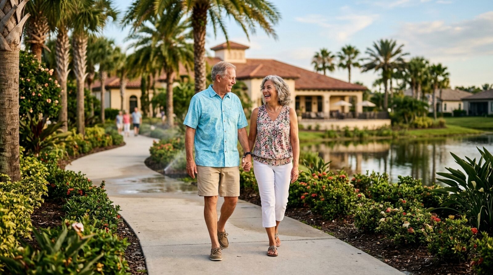 A happy active-adult couple walking a palm-lined path in a Central Florida 55-plus community