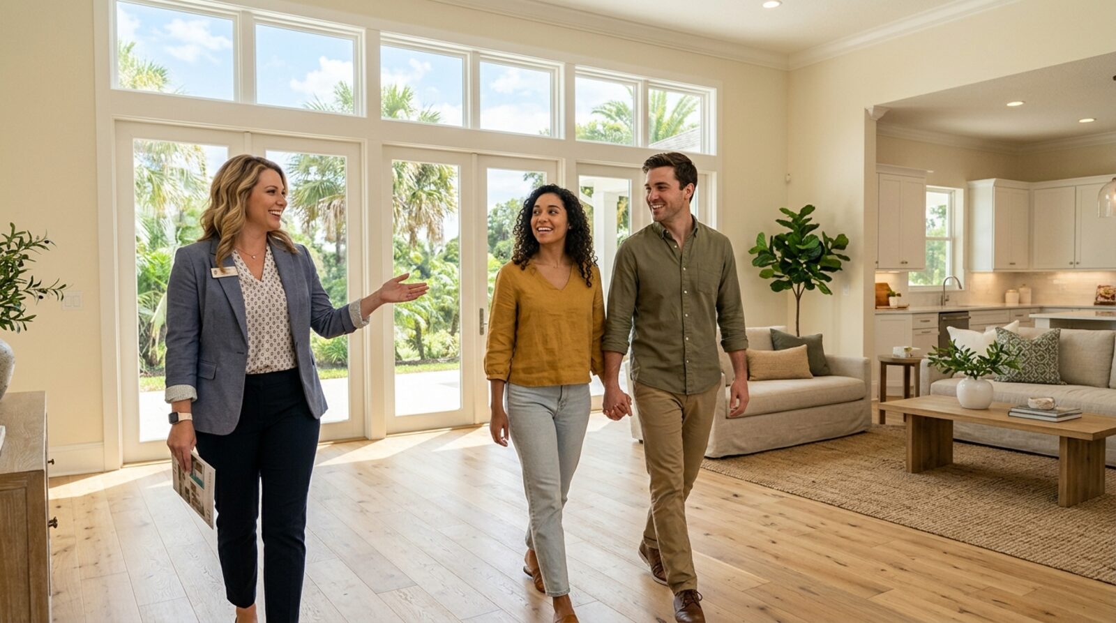 A real estate agent showing a bright, open Central Florida home to a smiling young couple