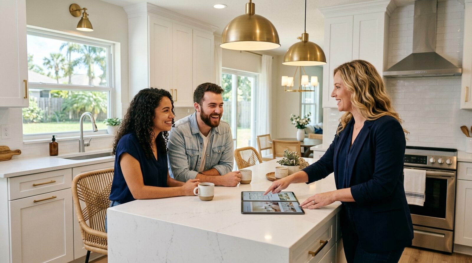 A real estate agent showing a bright, open Central Florida home to a smiling young couple
