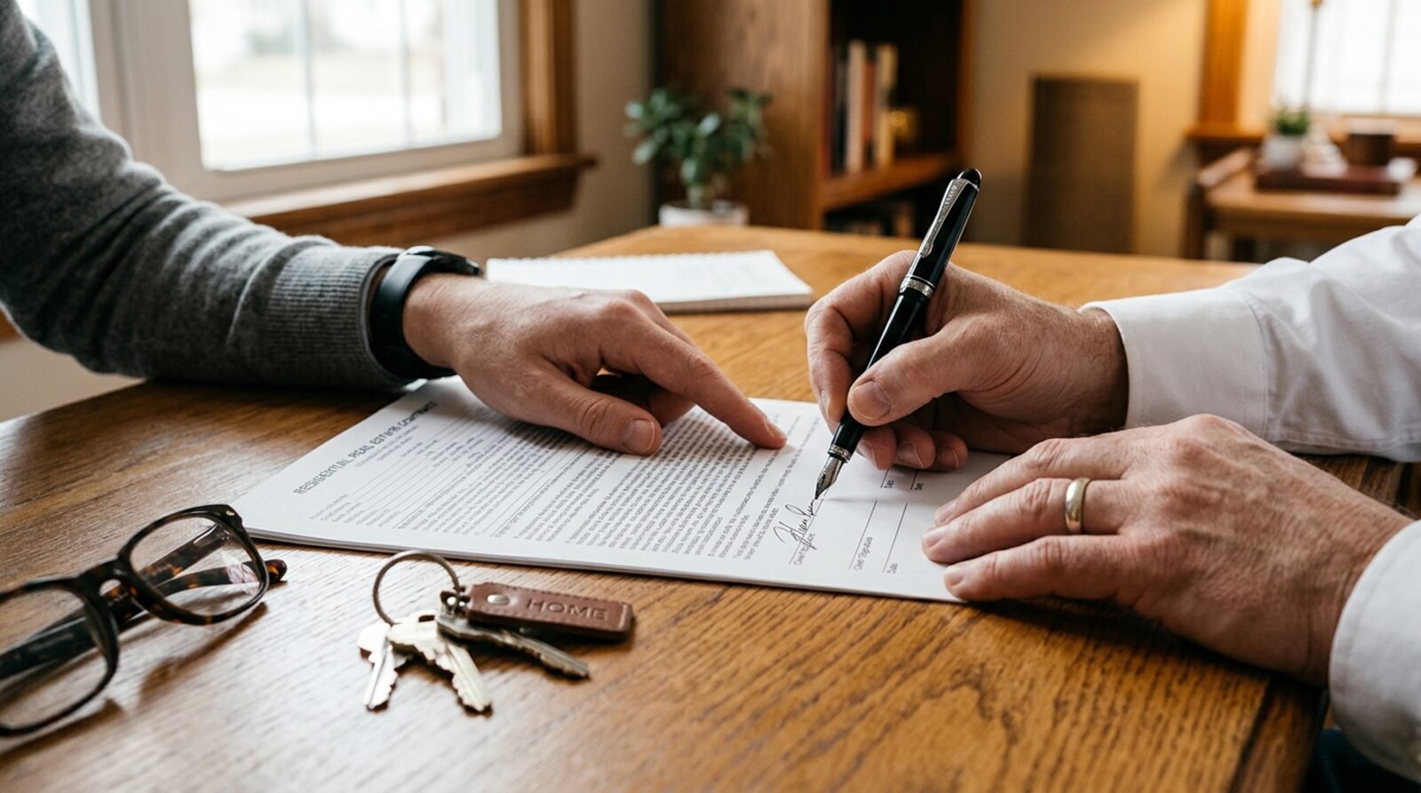 Two people signing a real estate contract with a fountain pen beside a set of house keys