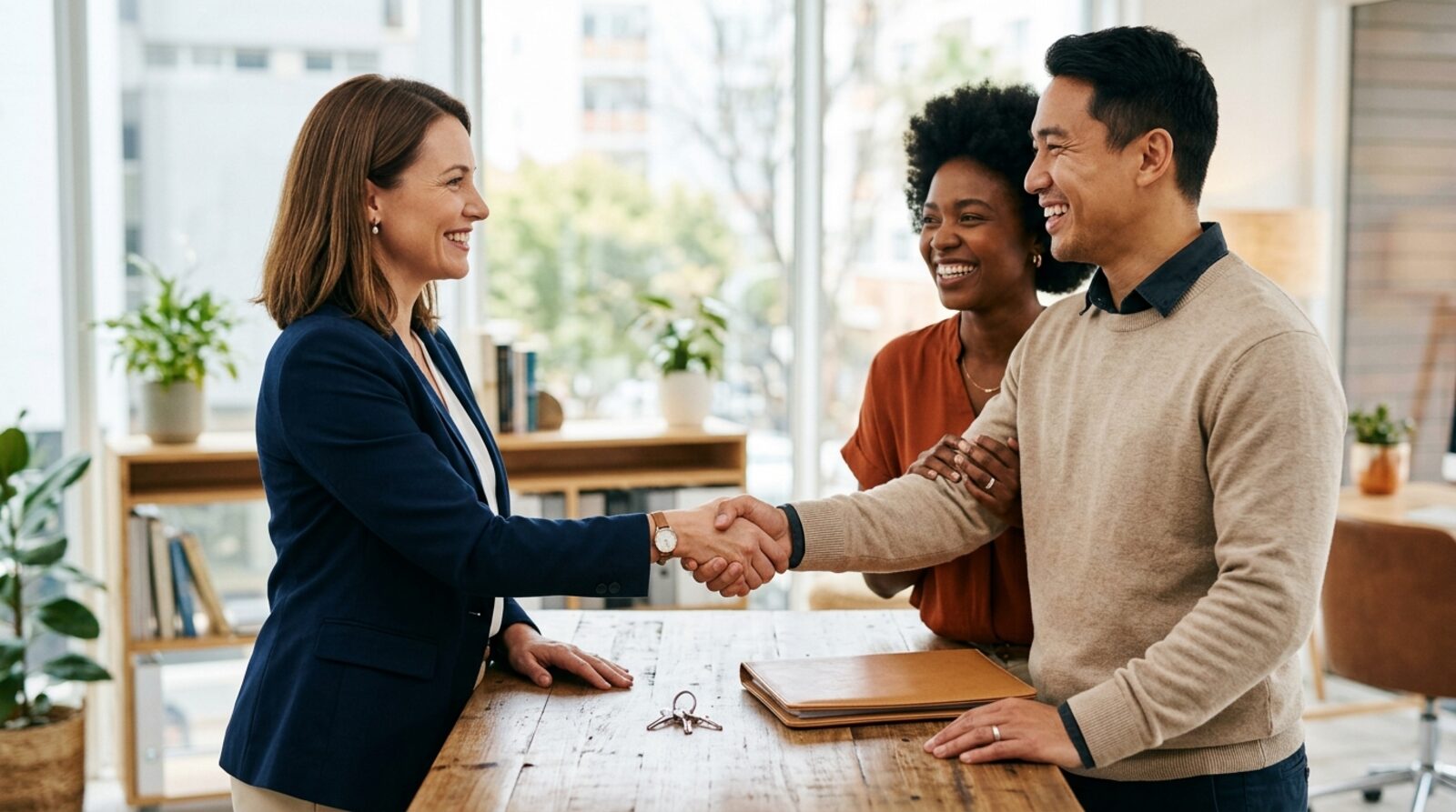 Two people signing a real estate contract with a fountain pen beside a set of house keys