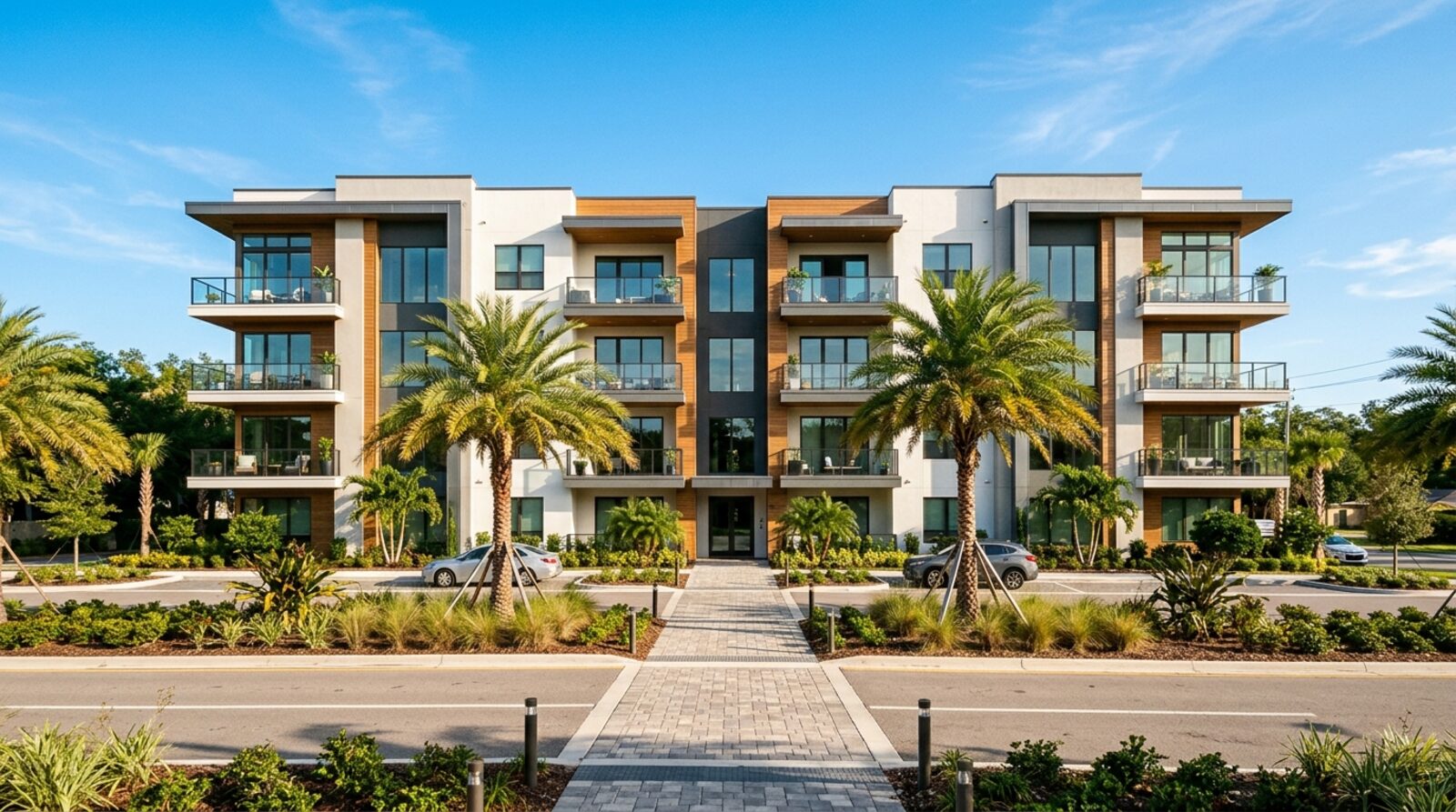 A modern Central Florida condominium building with balconies and palms under blue sky