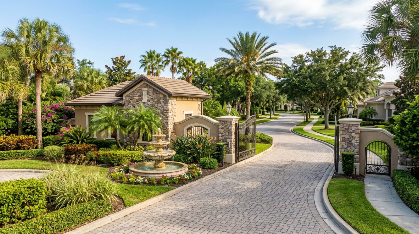 A gated Central Florida community entrance with a stone wall, iron gate and fountain