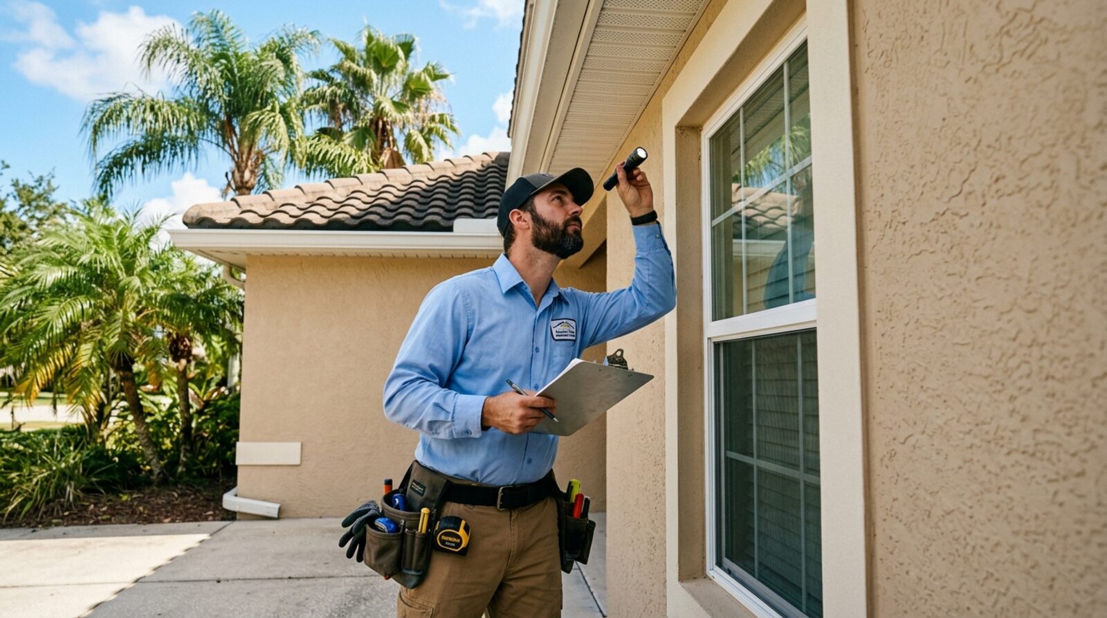 A home inspector examining the exterior of a Central Florida stucco home with a flashlight