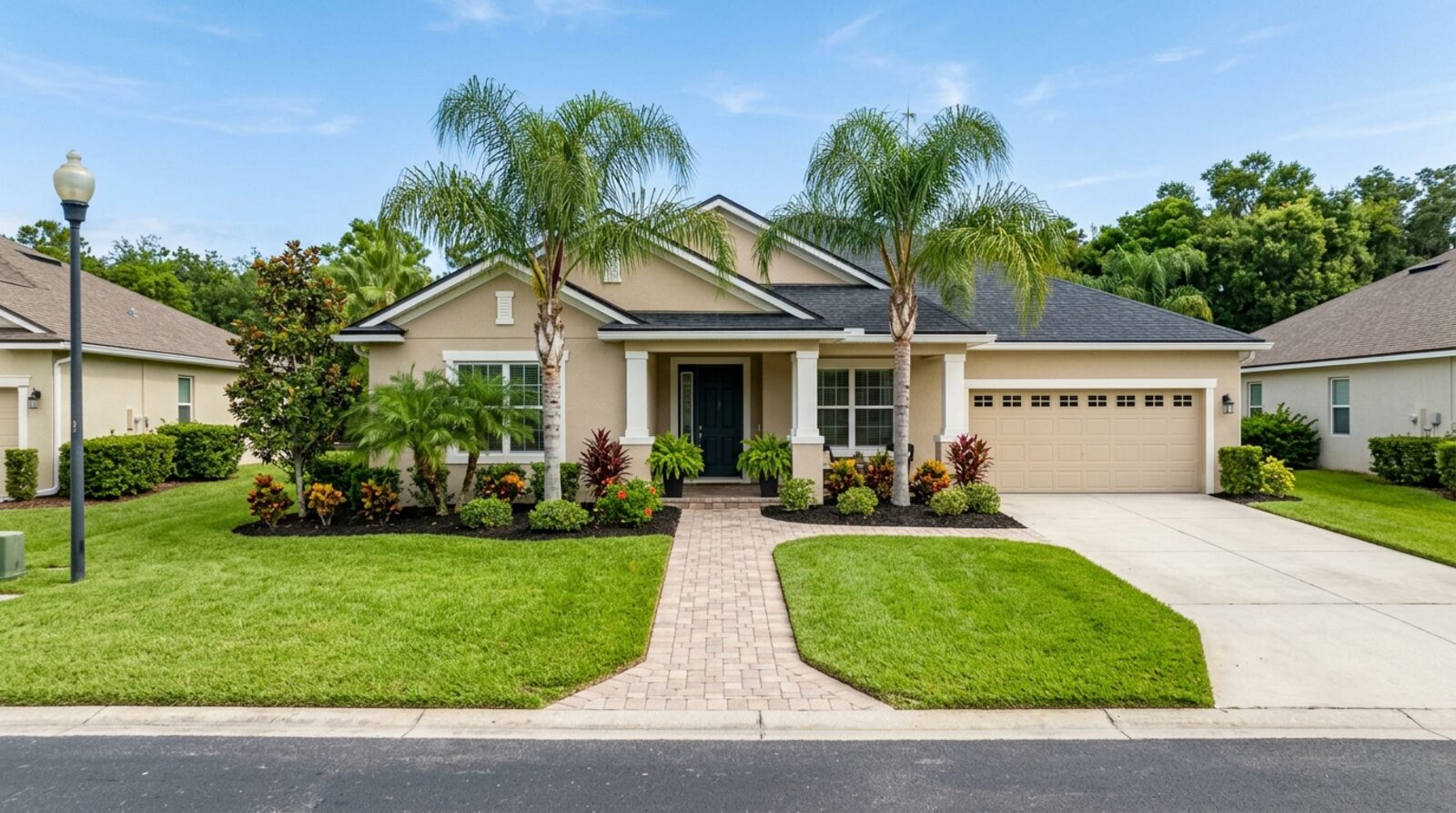 A tidy Central Florida single-family rental home with fresh landscaping and a two-car garage