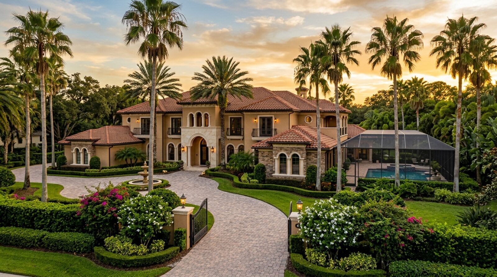 A stately Central Florida Mediterranean luxury estate with royal palms at golden hour