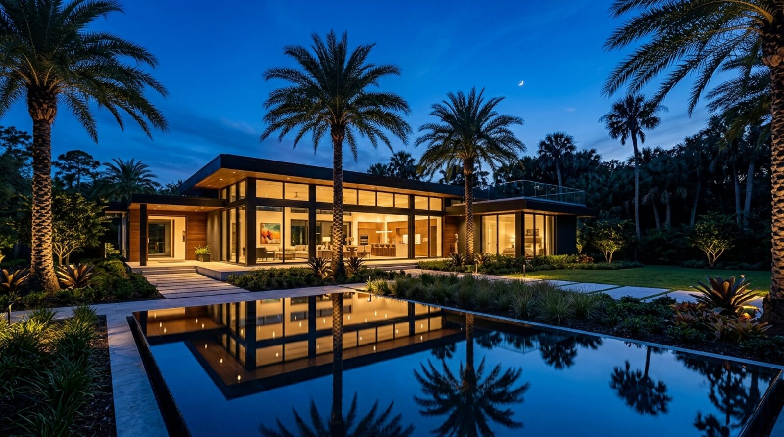A stately Central Florida Mediterranean luxury estate with royal palms at golden hour
