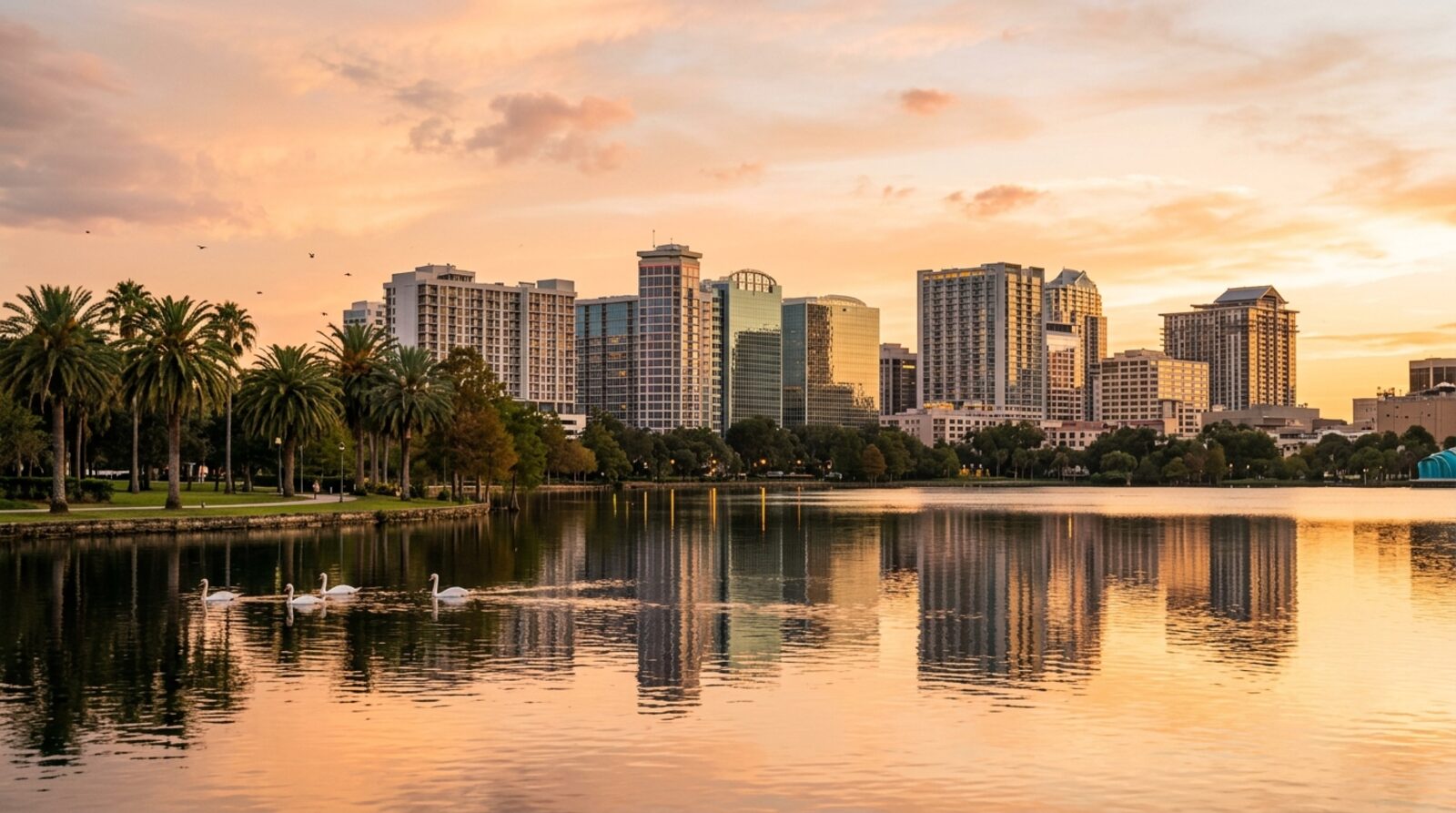 A Central Florida city skyline glowing at golden hour across a calm lake