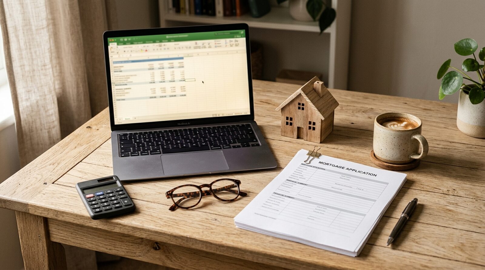 A desk flat-lay with a laptop, calculator, model house and mortgage paperwork in warm light