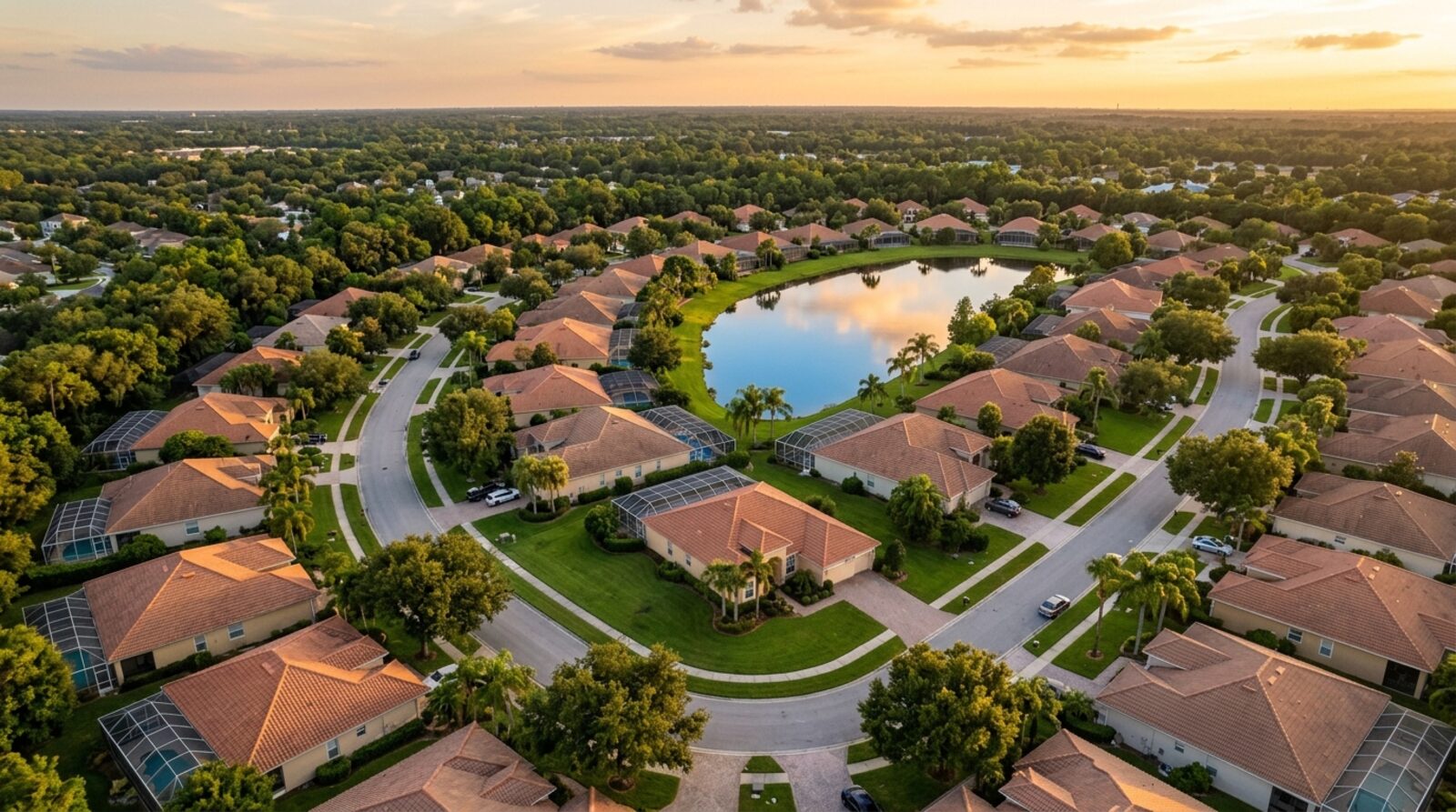 An aerial view of a leafy Central Florida residential neighborhood with a lake at golden hour