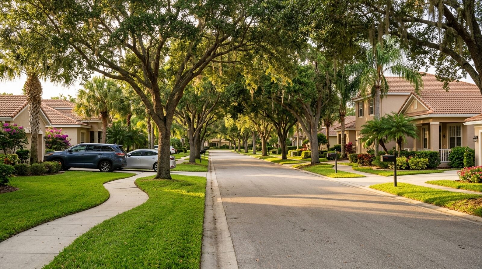 An aerial view of a leafy Central Florida residential neighborhood with a lake at golden hour