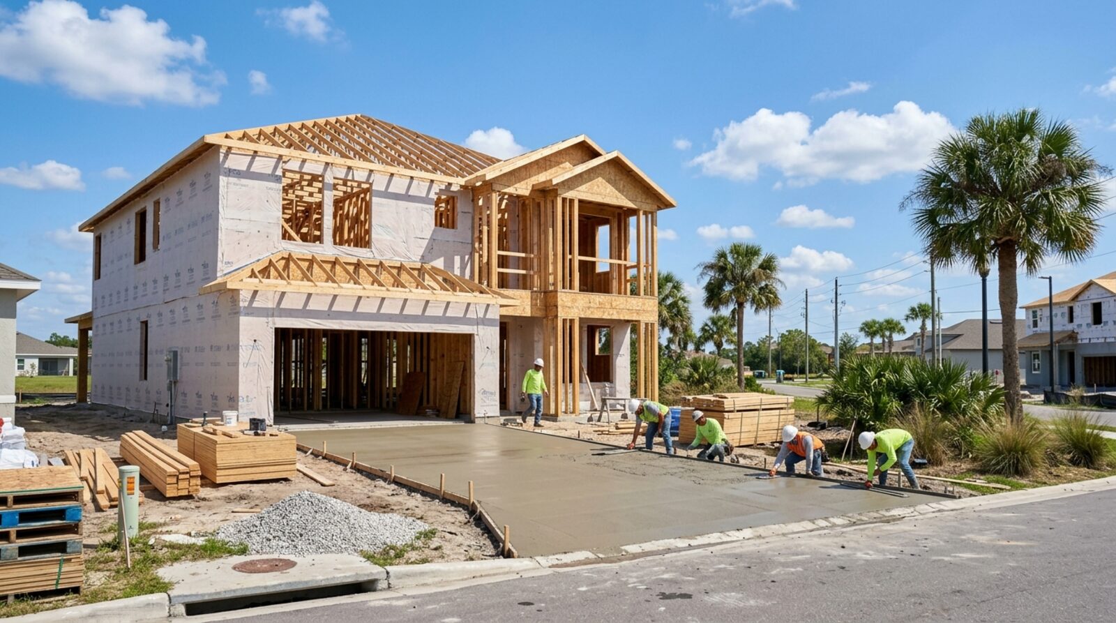 A new-construction Central Florida home mid-build with fresh framing under a blue sky