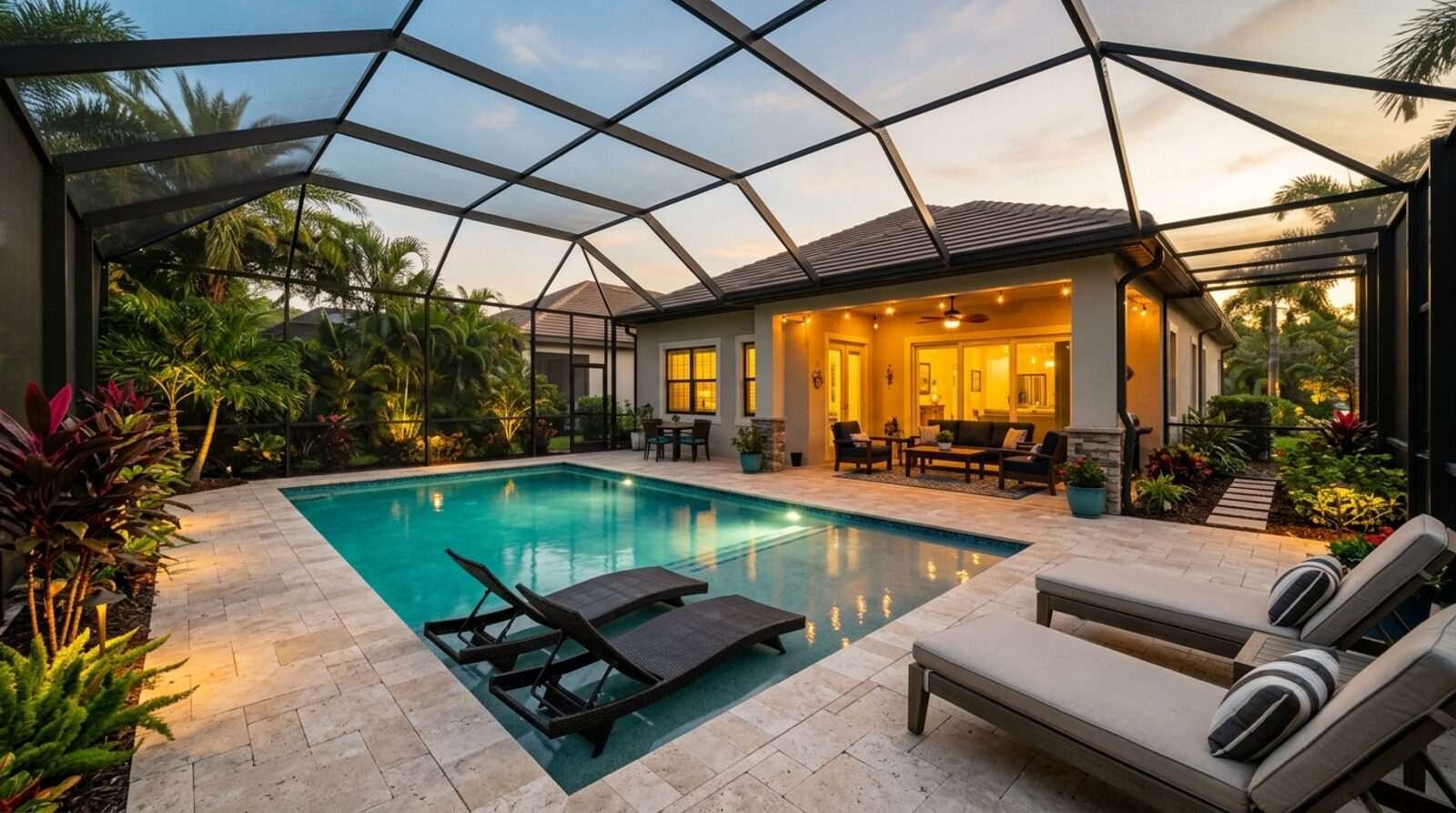 A screened-in Central Florida backyard pool and paver lanai lit warmly at dusk
