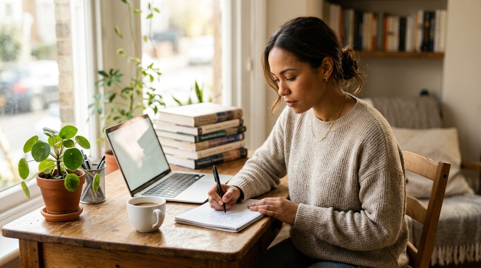 A focused adult studying real estate coursework at a bright desk with a laptop and textbooks