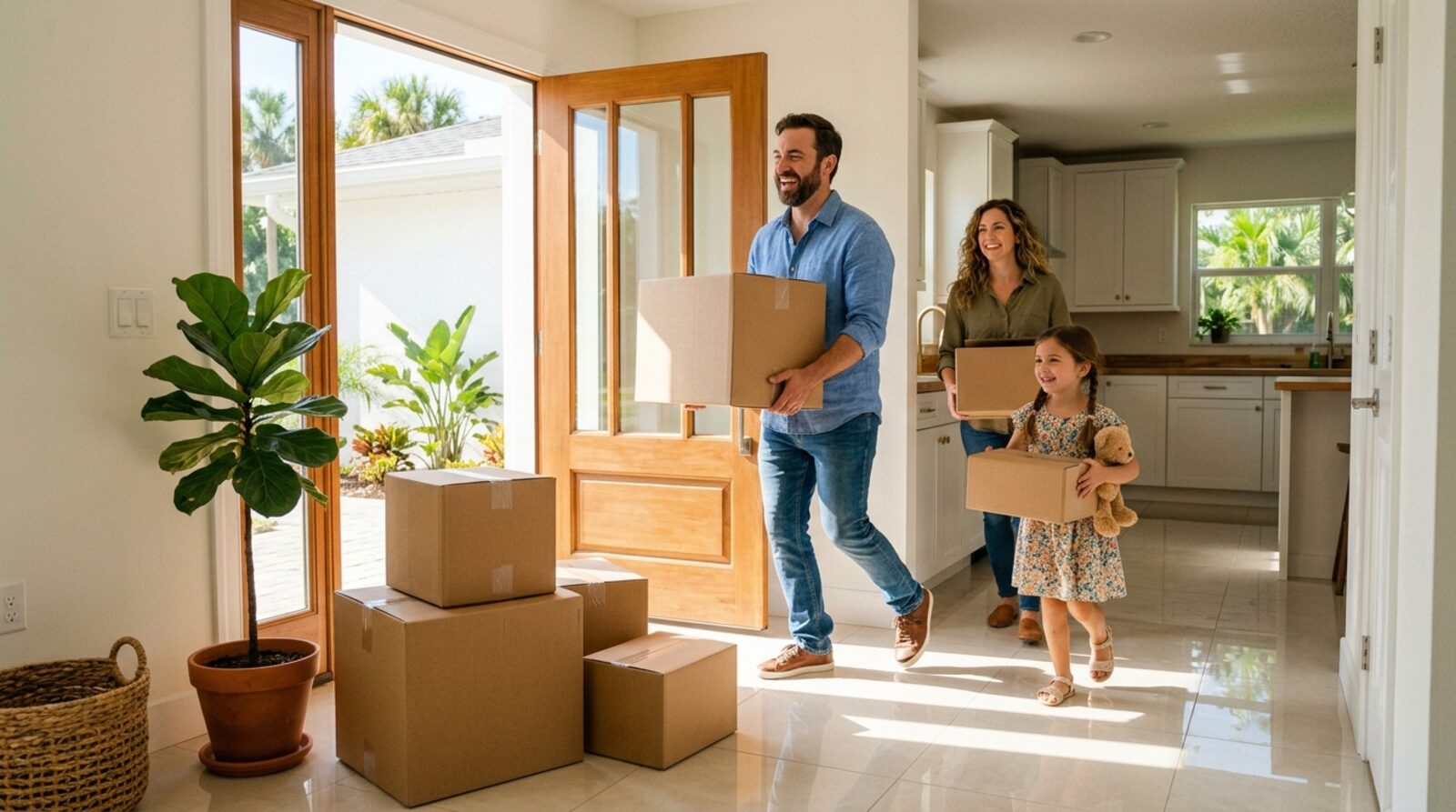 A cheerful family carrying moving boxes into a sunlit new Central Florida home