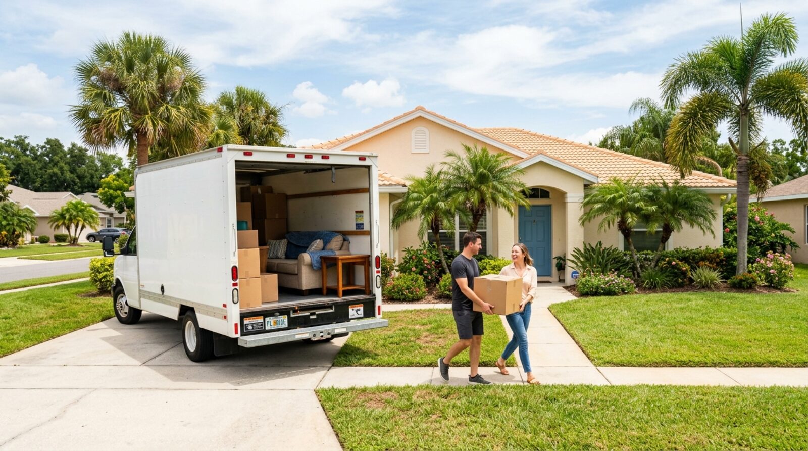 A cheerful family carrying moving boxes into a sunlit new Central Florida home