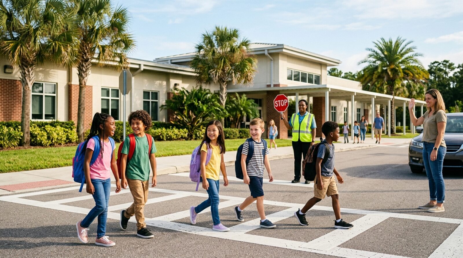 Children with backpacks walking to a Central Florida elementary school on a bright morning