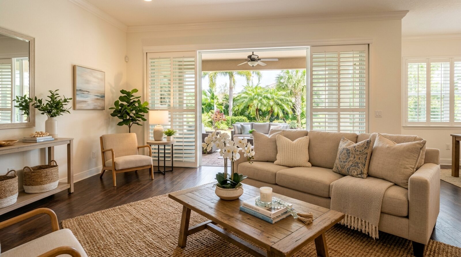 A beautifully staged Central Florida living room with plantation shutters ready to sell