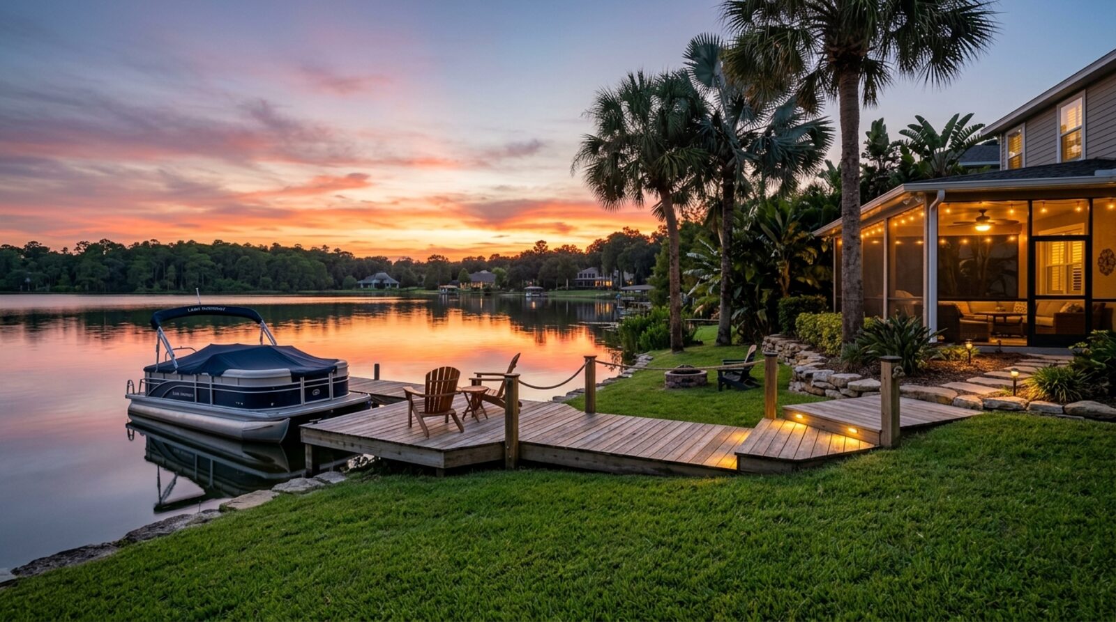 A private boat dock on a calm Central Florida lake at sunset behind a screened lanai home