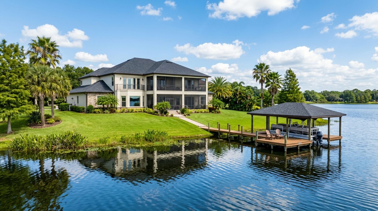 A private boat dock on a calm Central Florida lake at sunset behind a screened lanai home