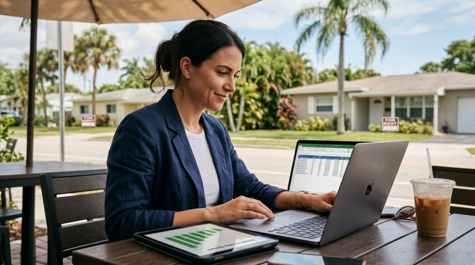 A real estate investor reviewing a rental-income spreadsheet on a laptop at an outdoor café table, single-story rental homes with a for-rent sign visible across the street