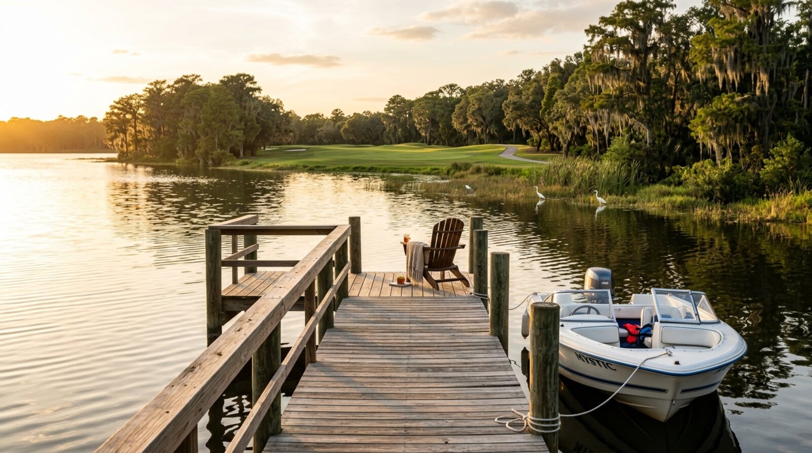 A private boat dock on a calm Central Florida lake at sunset with a golf-course fairway along the far shoreline and egrets wading near the reeds