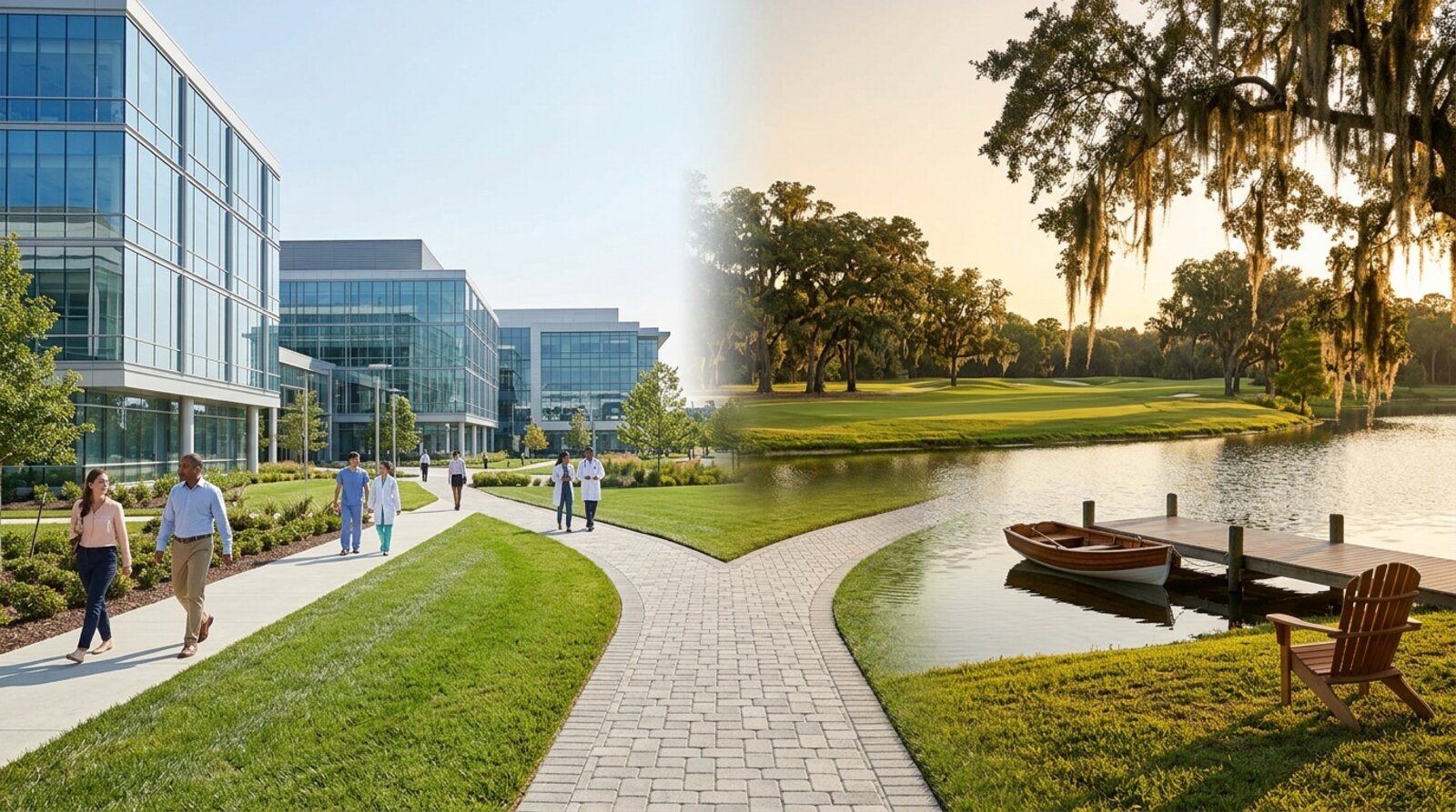 A split composite: a modern medical research campus on one side, a private lakefront dock with a golf-course fairway on the other, joined by a forking paver path