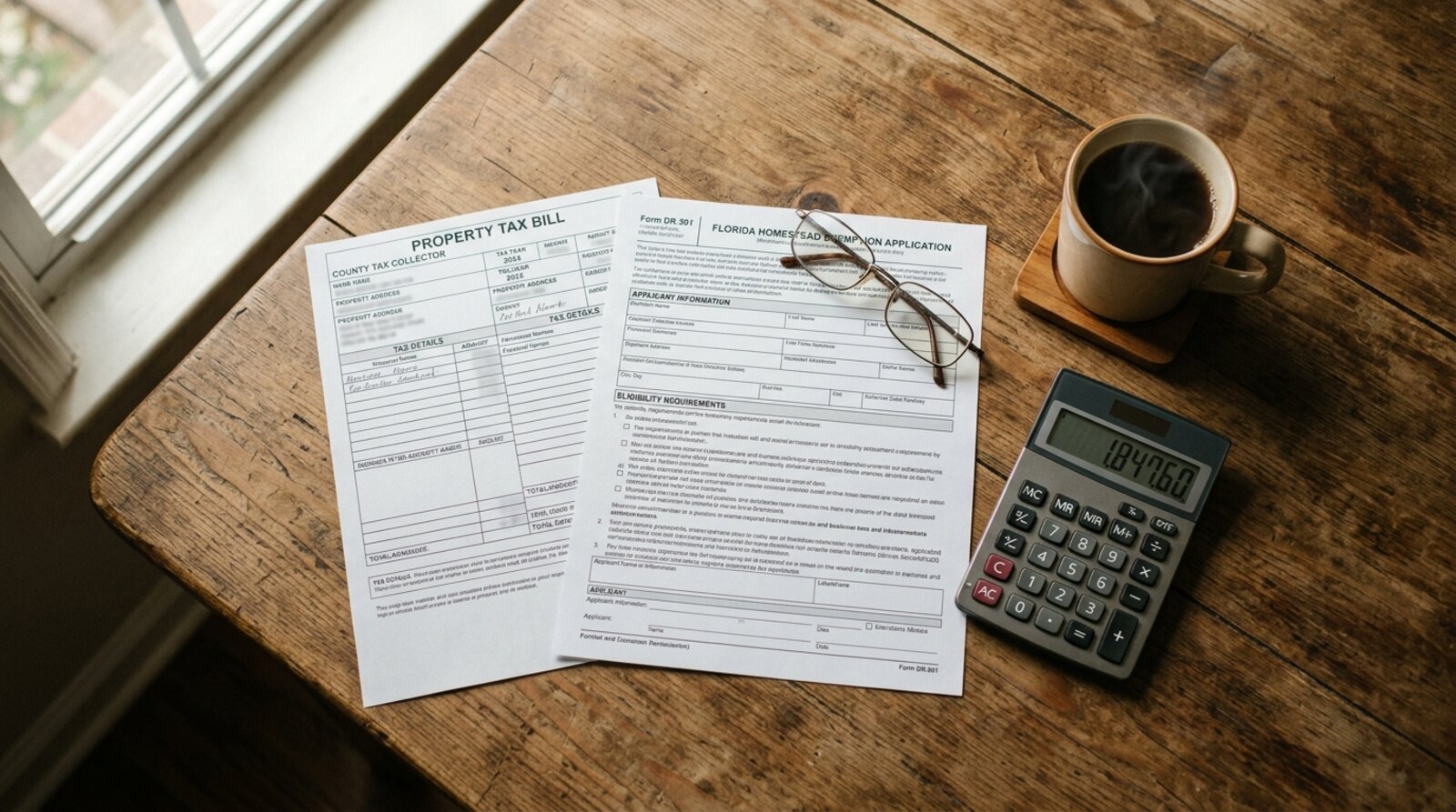 A property tax bill and Florida homestead exemption form laid on a wooden table beside a calculator, reading glasses, and a cup of coffee