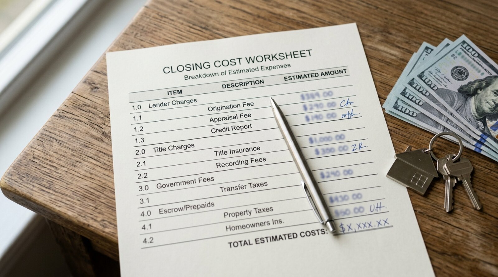 An overhead flat-lay of a closing-cost worksheet with a pen, cash, and a house-shaped keychain on a wooden desk