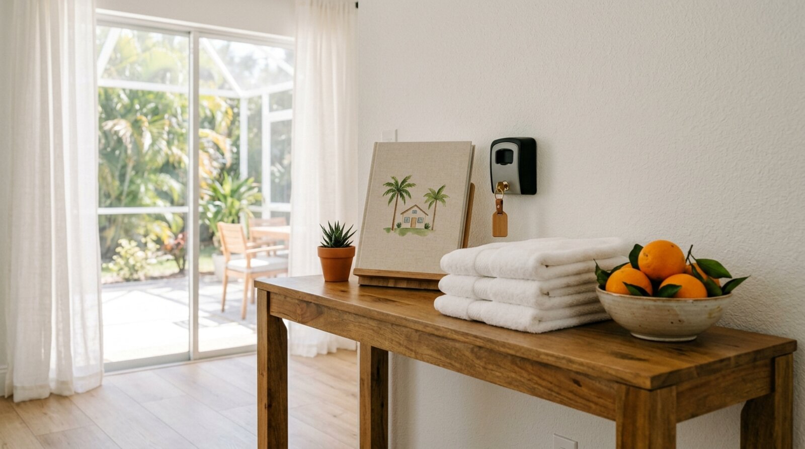 A vacation rental entryway table with a house-rules welcome book, key lockbox, and folded towels, a screened lanai visible through the sliding door beyond
