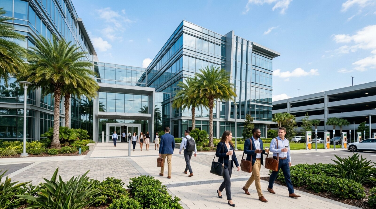Professionals in business-casual attire walking toward a modern glass office campus in Orlando lined with palm trees